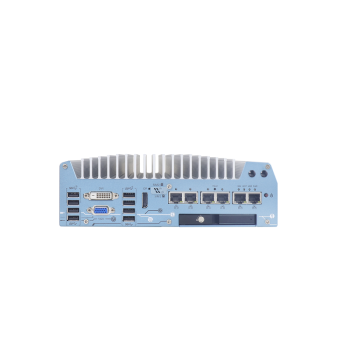 Nuvo-7000LP: front panel with interfaces and hot-swappable HDD/ SSD tray