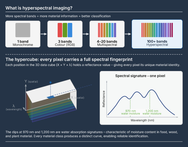 Diagramme d’imagerie hyperspectrale montrant l’imagerie monochrome, RGB, multispectrale et hyperspectrale avec des courbes de signature spectrale et des bandes d’absorption de l’eau.
