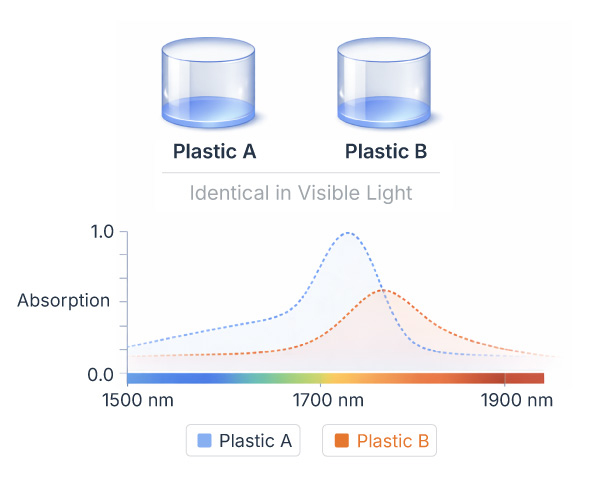 Different plastics seem identical under visible light, but differences can be seen when inspected using SWIR.